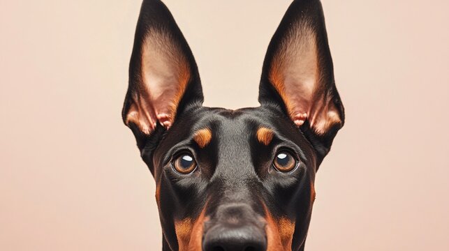 A close-up of a Doberman Pinscher's face, highlighting its expressive eyes and well-defined ears against a light solid color background