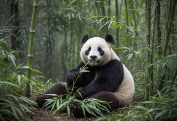 Fototapeta premium Panda chewing bamboo in bamboo forest