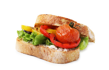 Tasty sandwich with grilled vegetables and cream cheese isolated on white