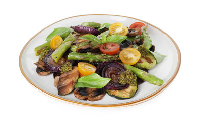 Delicious salad with grilled vegetables isolated on white