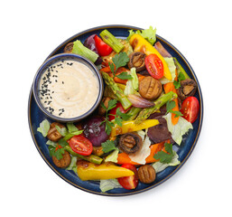 Delicious salad with grilled vegetables and sauce isolated on white, top view