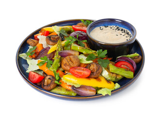 Delicious salad with grilled vegetables and sauce isolated on white