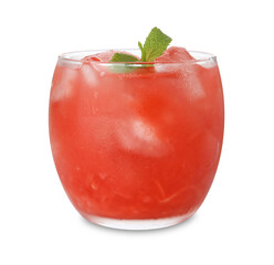 Tasty watermelon drink in glass and mint isolated on white