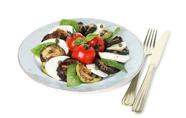 Tasty salad with grilled vegetables, mozzarella cheese and cutlery isolated on white