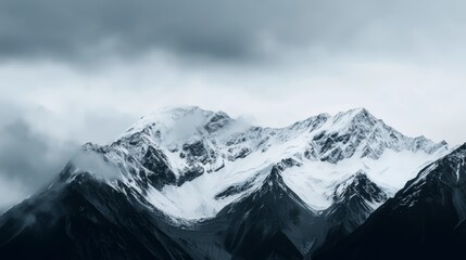 Majestic Snowy Mountain Peaks Piercing Through Dramatic Stormy Clouds in Moody Atmospheric Landscape