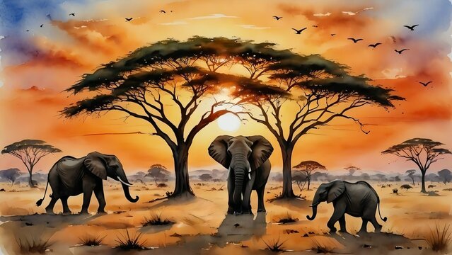 Illustration created in Ia of a beautiful landscape of an African savanna with a family of elephants at sunset.