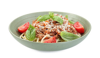 Delicious pasta bolognese with basil and tomatoes isolated on white