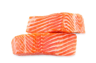 Pieces of fresh salmon isolated on white, top view