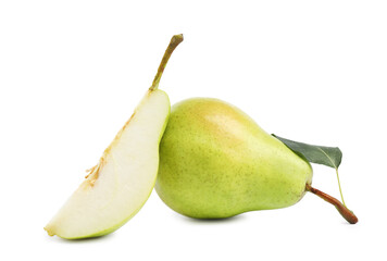 Fresh ripe pears with green leaf isolated on white