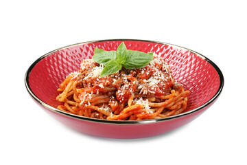 Delicious pasta bolognese with basil isolated on white