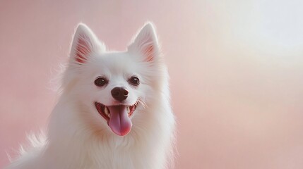 A playful American Eskimo Dog with its tongue out, capturing the essence of joy against a soft pastel backdrop