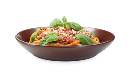 Delicious pasta bolognese with basil isolated on white