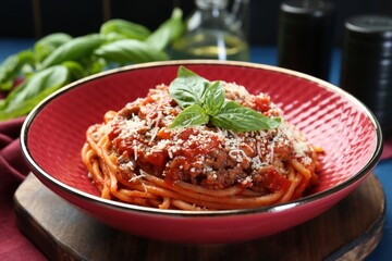 Delicious pasta bolognese with basil on table, closeup