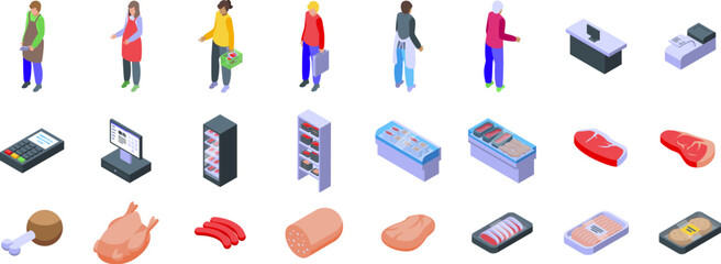 Meat shop interior icons set. Customers choosing fresh meat products and butchery equipment isometric icons set for web design isolated on white background