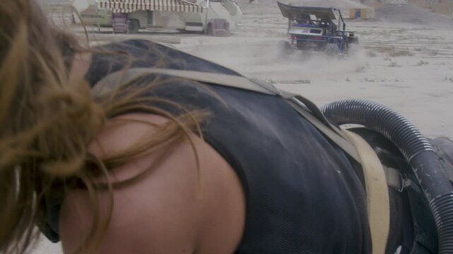 Epic fight between man and woman on moving platform - apocalypse