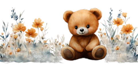 a teddy bear sitting next to flowers. 