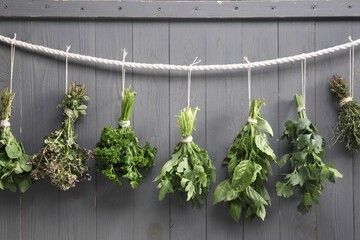 Bunches of different aromatic herbs hanging on rope near grey wooden wall