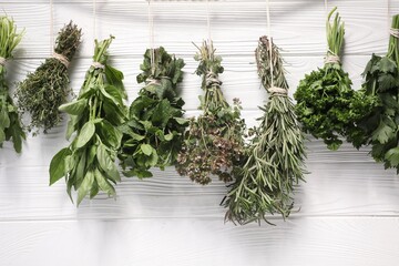 Bunches of different aromatic herbs hanging on rope near white wooden wall