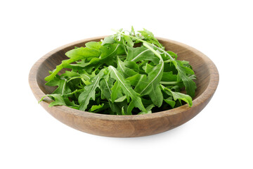 Fresh arugula leaves in bowl isolated on white