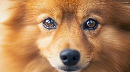 A close-up of a Finnish Spitz dog's face with a soft, light background, highlighting its fluffy fur and alert expression