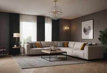 Fototapeta premium A decorated living room with elegant furniture and a chandelier