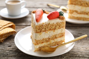 Piece of delicious carrot cake on wooden table, closeup