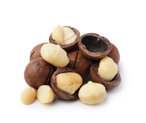 Macadamia nuts with shells isolated on white