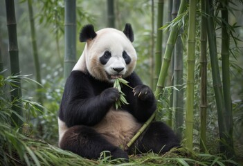 Obraz premium Panda feeding on bamboo in forest