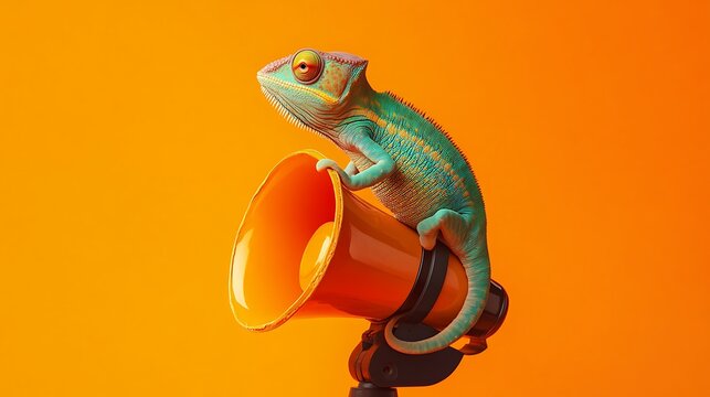 A green chameleon sits on a bright orange megaphone against an orange background.