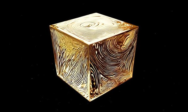 Realistic 3D animation of an abstract morphing liquid iridescent bronze gold cube with subtle surface cracks, rendered in UHD, homogeneous background. digital, geometric, minimalistic, luxurious