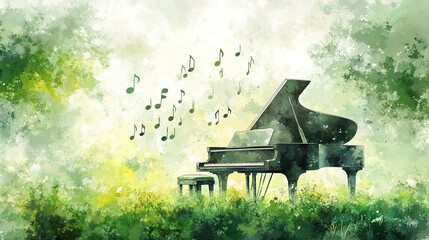 Melodic Harmony - Grand Piano Watercolor Painting with Soft Music Notes on Green Background in Cinematic Style Morning Light
