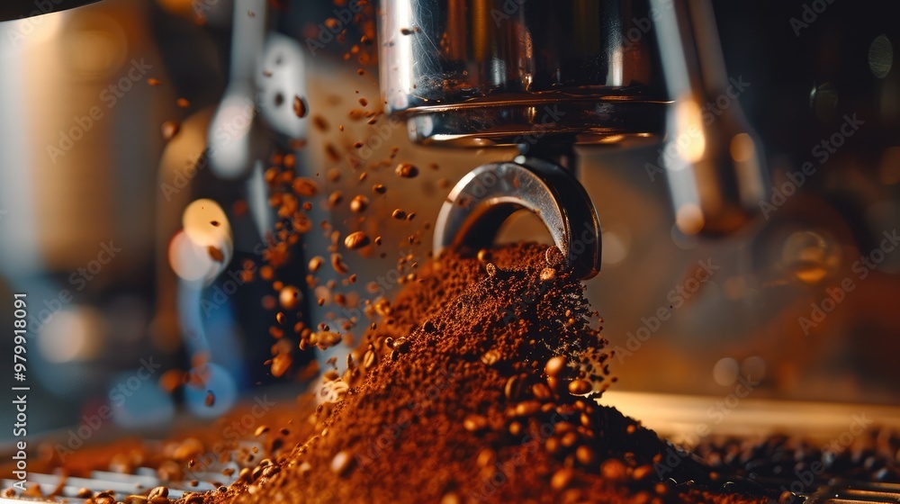 Aufkleber overflowing freshly ground and brewed coffee from a machine with space for text