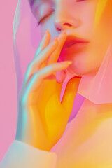 A woman with a hand on her face is shown in a colorful, abstract style