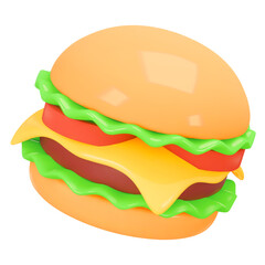 3d vector icon, realistic render hamburger, burger with salad, cheese, tomato, meat, bread. Fast food. Vector illustration isolated on white background