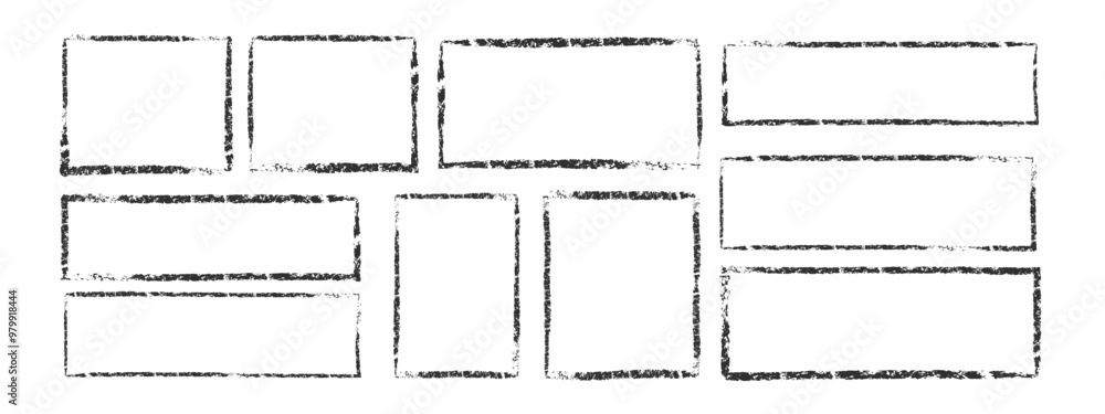 Poster set of rectangular and square frames in grunge style. square borders drawn in black charcoal, chalk 