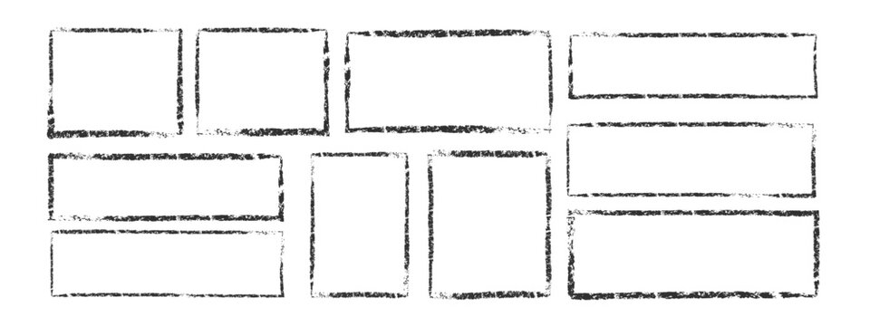 Set of rectangular and square frames in grunge style. Square borders drawn in black charcoal, chalk or ink for design, banner, poster, cover. Vector illustration