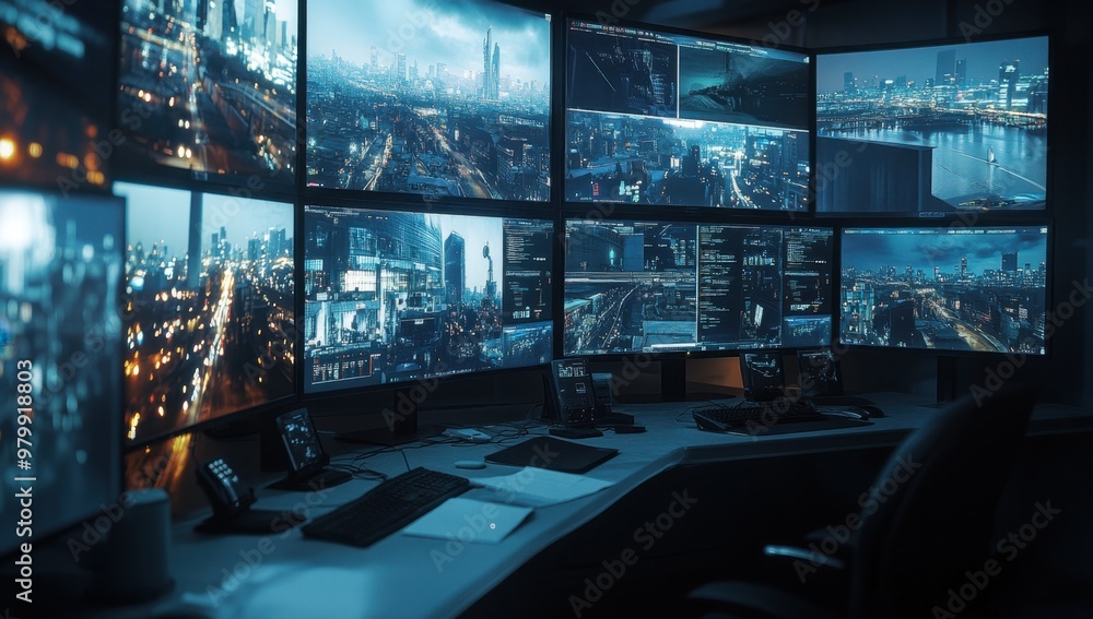 Poster a security control room with multiple monitors displaying live footage of the city, showcasing surve