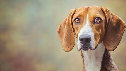 A close-up portrait of a Harrier dog with its ears perked up, highlighting its friendly demeanor against a soft pastel backdrop
