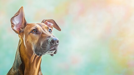 A close-up portrait of a Harrier dog with its ears perked up, highlighting its friendly demeanor against a soft pastel backdrop