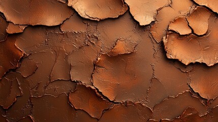  A tight shot of a wall displaying peeling brown paint from its edges, with intact brown paint remaining