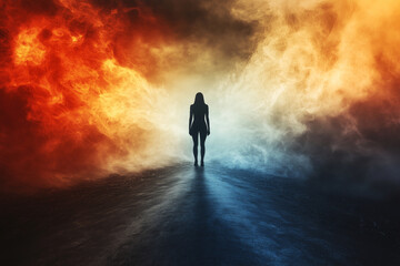 A figure stands at a crossroads surrounded by swirling smoke and contrasting flames under a mysterious twilight sky