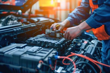 Fototapeta na wymiar Two men are working on a car engine, one of them wearing an orange jacket, generative ai image