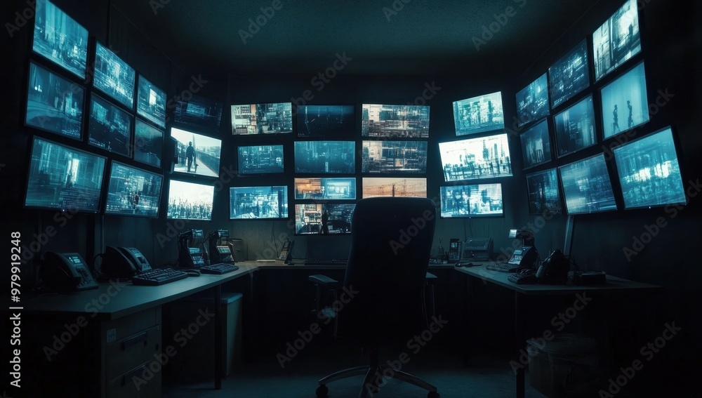 Poster a security guard's office with multiple monitors displaying various footage from the surveillance ca