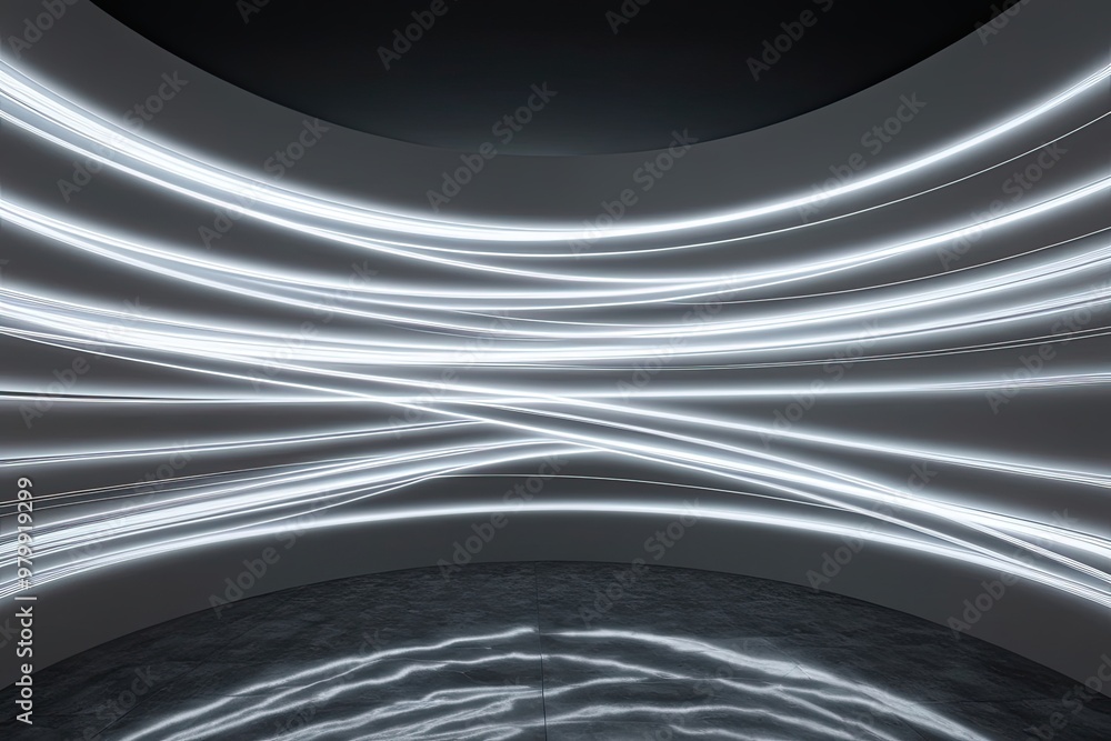 Poster ethereal 3d design of luminous swirling lines in a dark environment with reflective floor texture