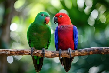 Captive bred Eclectus parrots a male green and a female red blue are seen sitting on a branch in a photo with shallow depth of field