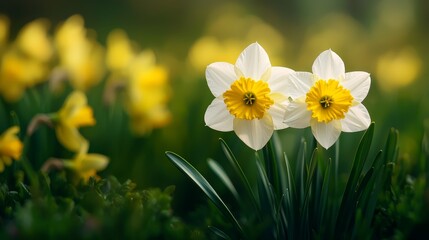  Two daffodils, white with yellowcenters, amidst green grass and yellow blossoms