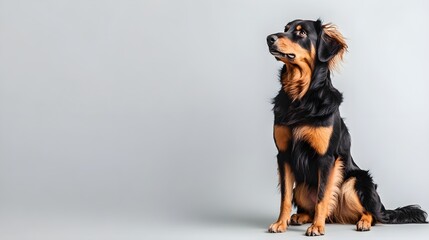 A Hovawart dog sitting majestically on a light solid color background, showcasing its strong build and confident demeanor