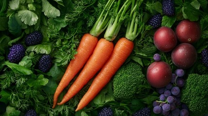  Carrots, broccoli, radishes, grapes, and plums on a bed of fresh green leafy vegetables