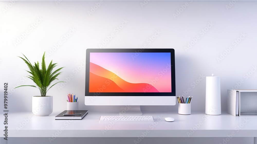 Poster a modern home office setup with a computer screen displaying black friday sales, surrounded by tech 