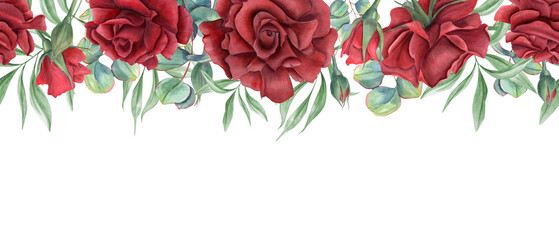 Red rose flowers and eucalyptus leaves horizontal watercolor seamless banner. Summer garden blooming deep ruby plants with greenery illustration. Copy space for text. For textile, greeting cards